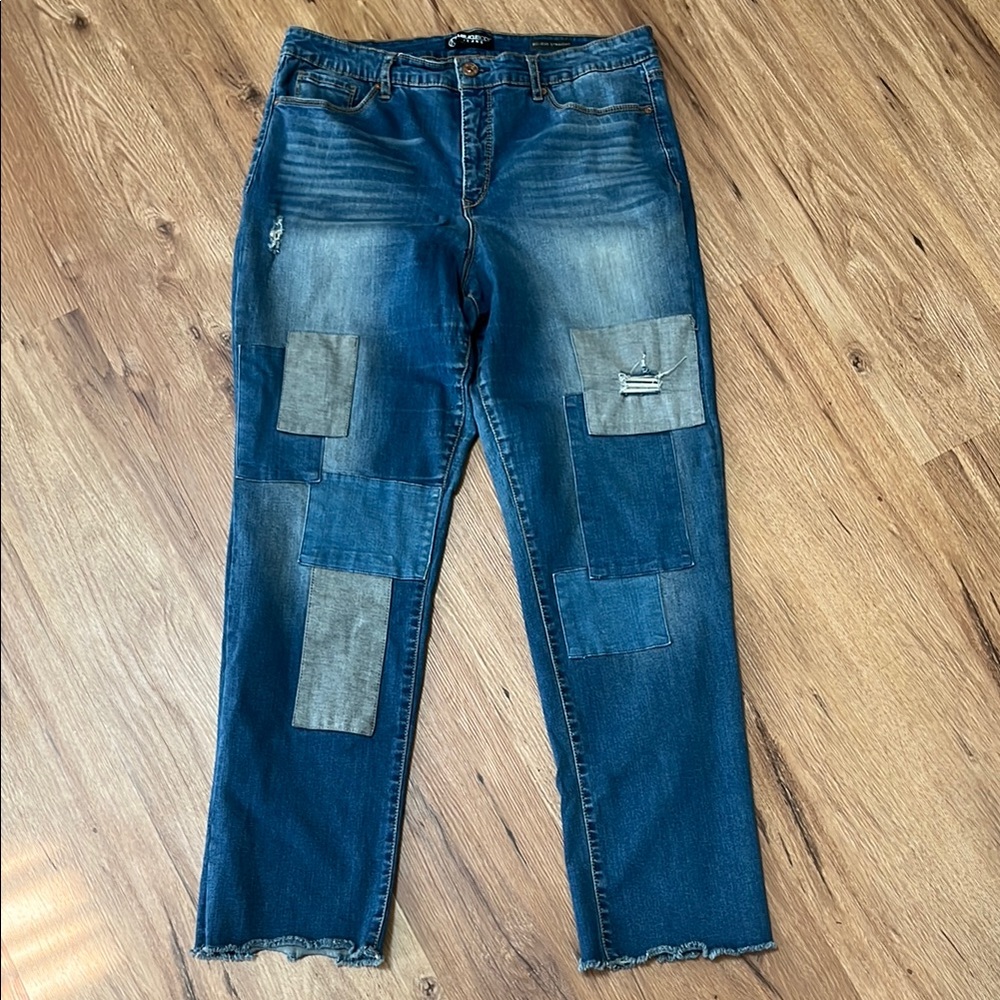 MiracleBody patchwork straight leg jeans, size 16